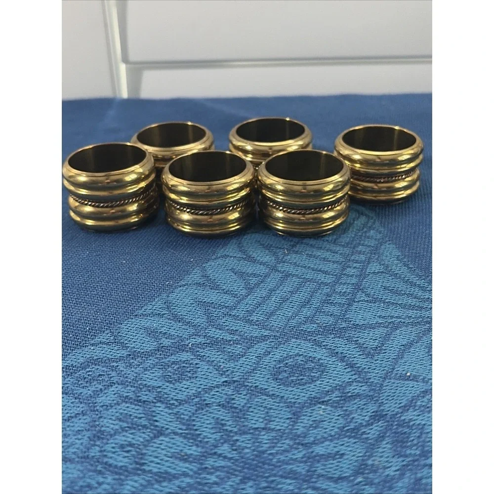 Vtg Brass and Copper Napkin Rings W/ Braided Rope Design 6 pc. Set 1.5